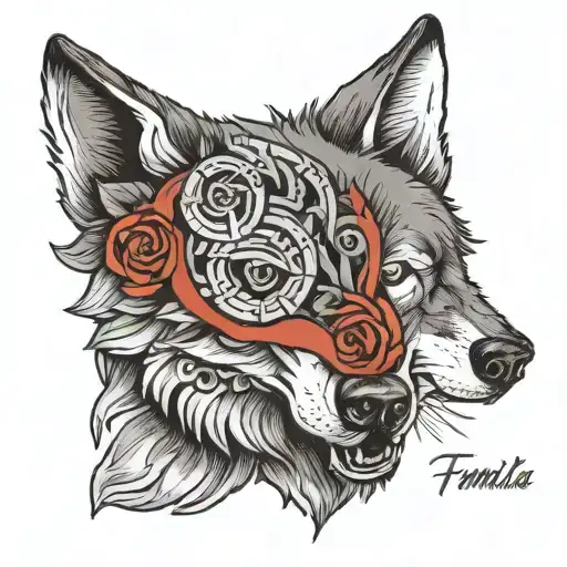 Grey wolf head with top phrase : Familia Supra Omnia, bottom phrase : Amat Victoria Curam tattoo design idea