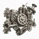 A chessboard with engine pistons, transmission gears forming music notes as a heart rate tattoo design idea