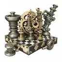 A chessboard with engine pistons, transmission gears forming music notes as a heart rate tattoo design idea
