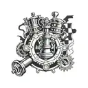 A chessboard with engine pistons, transmission gears  tattoo design idea