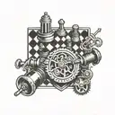 A chessboard with engine pistons, transmission gears  tattoo design idea