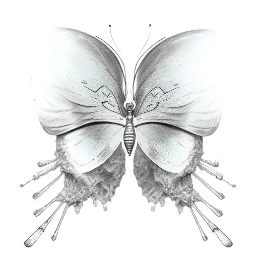 Line of text stating "we gain strength from the madness we survive", with butterfly wings at the top of the vertical tattoo design idea