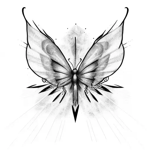 Line of text stating "we gain strength from the madness we survive", with butterfly wings at the top of the vertical tattoo design idea