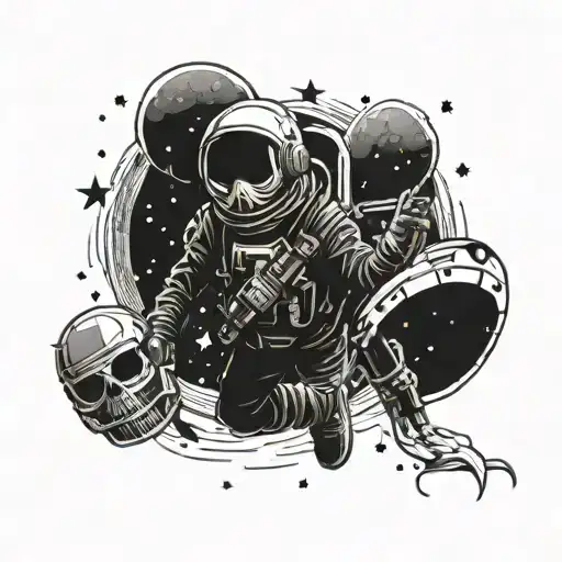 grim reaper astronaut floating through a galaxy full of stars shaped like skulls   tattoo design idea