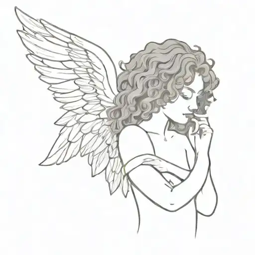 curly hair girl with angel wings spread wide tattoo design idea