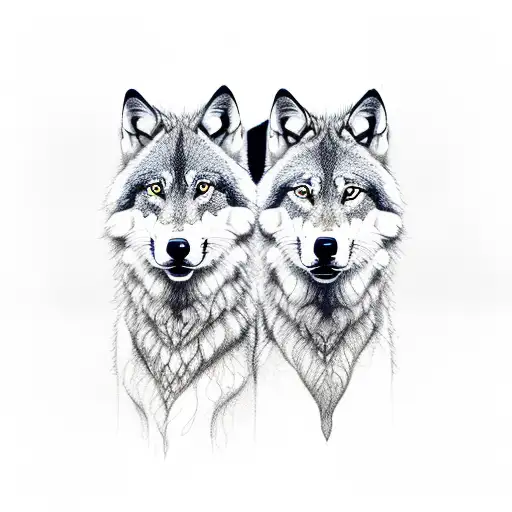 Imagine two intricately detailed and majestic wolves, one on the left and one on the right, each standing proudly. They  tattoo design idea