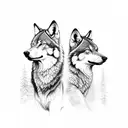 Imagine two intricately detailed and majestic wolves, one on the left and one on the right, each standing proudly. They  tattoo design idea