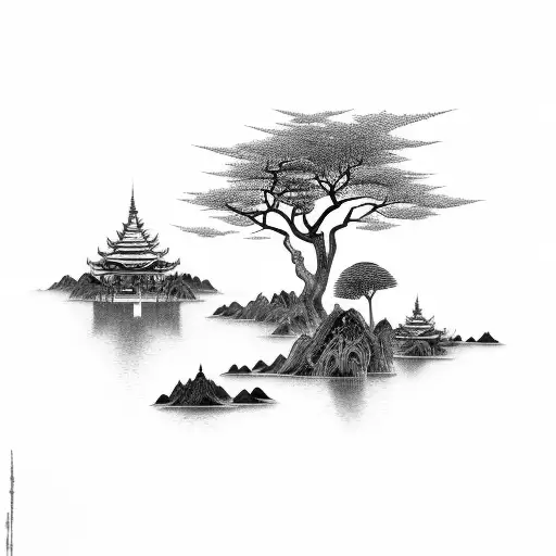 asian landscape with stork tattoo design idea