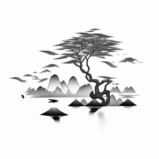 asian landscape with stork tattoo design idea