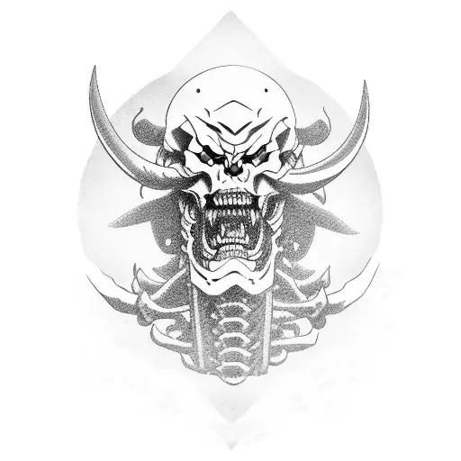 Japanese Oni Skeleton head with fangs and horns tattoo design idea
