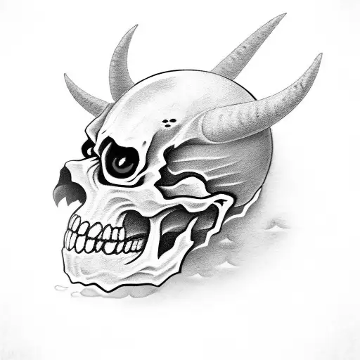Japanese Oni Skeleton head with fangs, horns, and an impaled third eye tattoo design idea