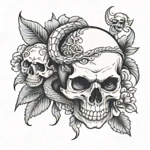 Skull a snake and flowers tattoo design idea