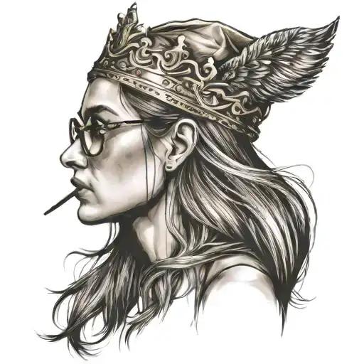 girl in profile, very long aquiline nose, glasses, long straight brown hair, ace of spades, crown tattoo design idea