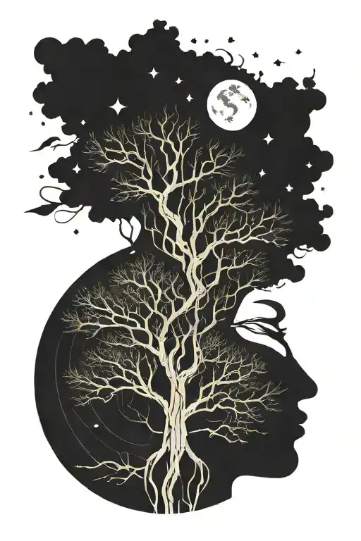 moon, tree, overthinking concept exploded head tattoo design idea