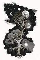 moon, tree, overthinking concept exploded head tattoo design idea