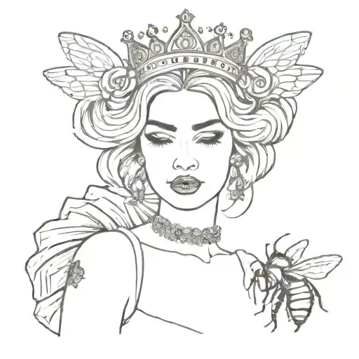 a queen bee dressed with a crown and queens clothinf tattoo design idea