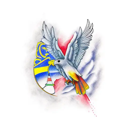 create a colombian águila harpía tattoo descending from the sky. use colors red, orange, gray, blue, magenta, yellow  tattoo design idea