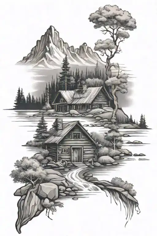 mountains river flowing cabin on river bank tattoo design idea