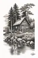  cabin on river bank tattoo design idea