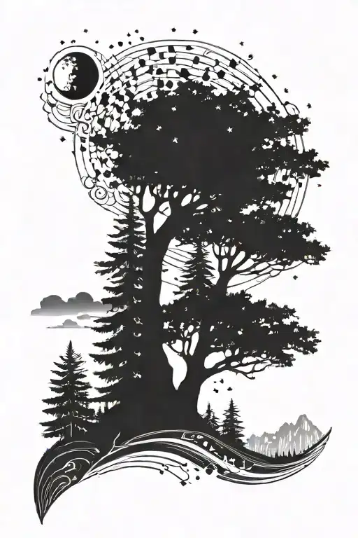 A forest scene with a skyline of different languages under a starry night sky tattoo design idea