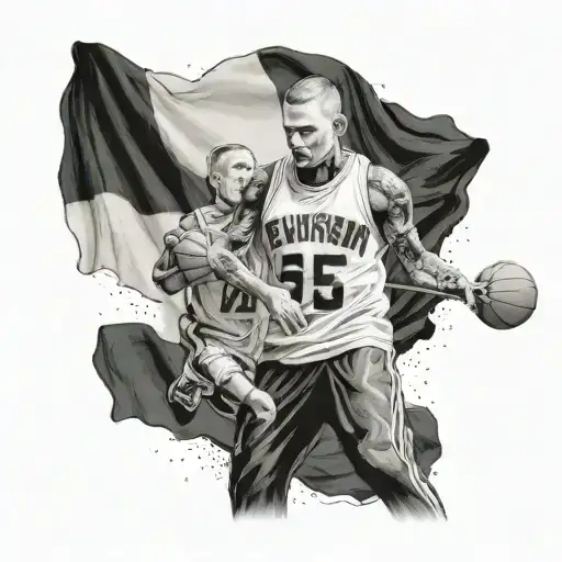 A surreal scene of Eminem rapping on a basketball court while Kimi Räikkönen welds together a giant Finnish flag, symbolizing their unique talents and love for Finland tattoo design idea