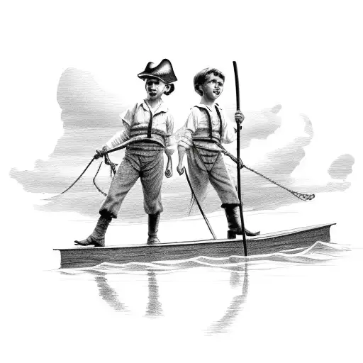 Two boys like Tom sawyer sailing a flat raft with a pirate flag at the top tattoo design idea