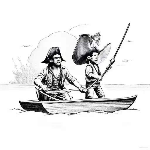 Pretending to be pirates Tom sawyer and huckleberry Finn leisurely sailing a makeshift raft along the Mississippi River  tattoo design idea