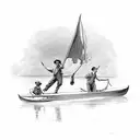 Tom sawyer and huckleberry Finn leisurely sailing a makeshift raft along the Mississippi River  tattoo design idea