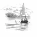Tom sawyer and huckleberry Finn leisurely sailing a raft along the Mississippi River  tattoo design idea