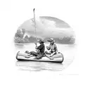 Tom sawyer and huckleberry Finn leisurely sailing a raft along the Mississippi River  tattoo design idea