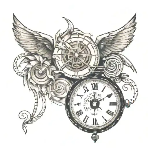 forarm tattoo, write" time heals all wounds" under the write an eye and above a stilized person that hold a baby tattoo design idea