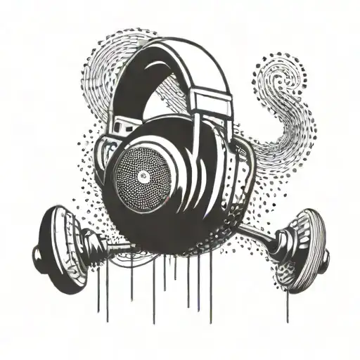 An abstract representation of sound waves flowing from headphones, merging with a psychedelic mushroom tattoo design idea