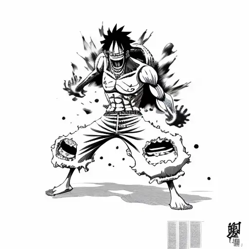 Luffy, gear second, manga design, color, black face tattoo design idea