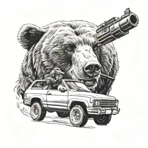 bear driving a car holding a gun tattoo design idea