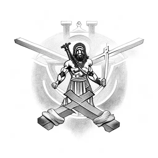 A blackwork tattoo of a Greek warrior holding a cross, representing bravery and faith tattoo design idea