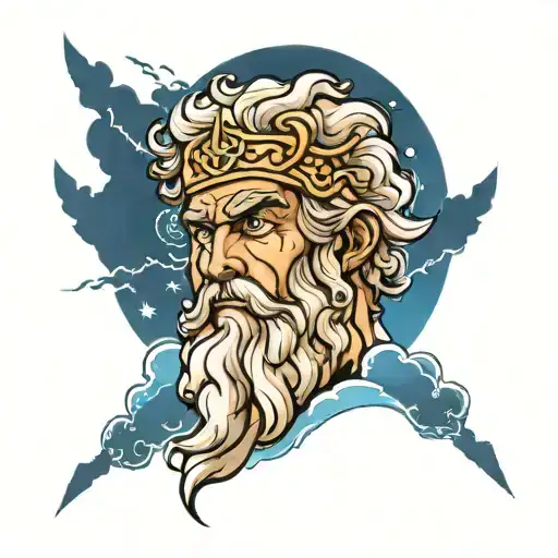 Zeus head with lightning bolts in his eyes surrounded by clouds in a stencil  tattoo design idea