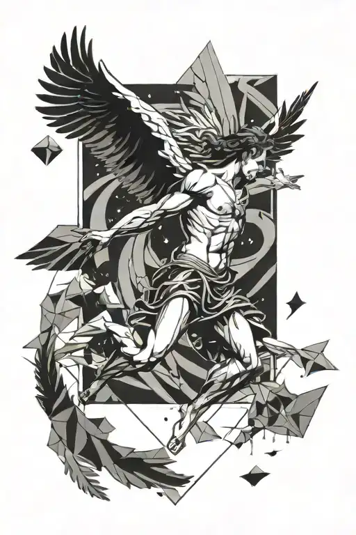 Icarus falling from the sky with geometrical shapes in the back tattoo design idea