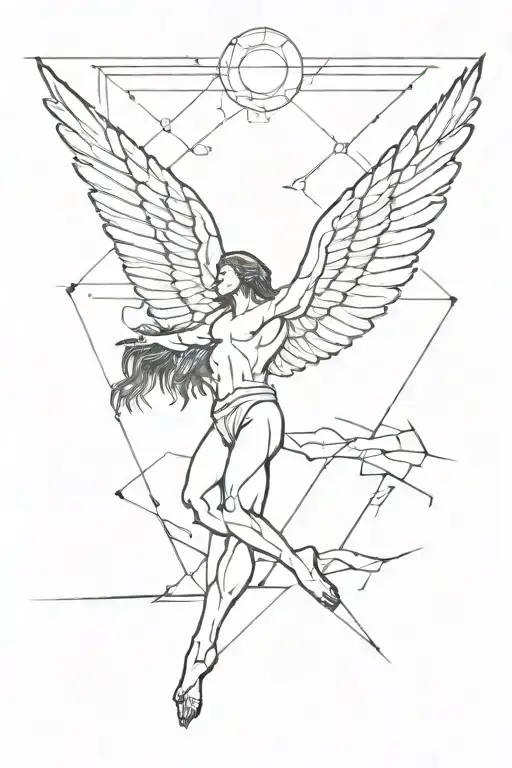 Icarus falling from the sky with geometrical shapes in the back tattoo design idea