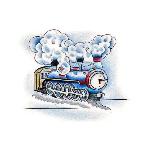 Steam train on a railway with a blue dressed man smoking a pipe tattoo design idea