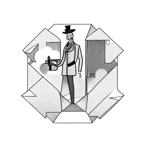 Steam train on a railway with a dressed man smoking a pipe at the top of the engine tattoo design idea