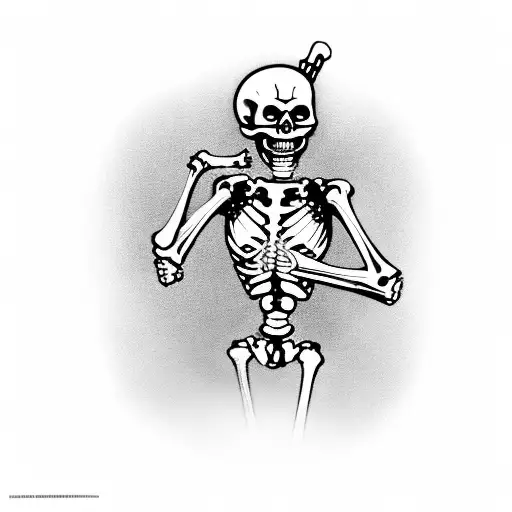5 Dancing medieval skeletons that have weapons and head-pieces specific to the 5 classes from game Dark and Darker  tattoo design idea