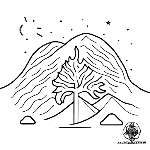 A minimalist tattoo showcasing a redwood tree and fine line mountains tattoo design idea