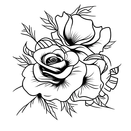 Create a tattoo without shading of a bouquet with one poppy, one violet, and one rose, including long stems tattoo design idea