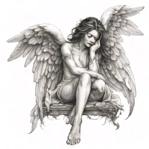 female angel, sitting with legs tucked up to chest and arms folded on legs, hair covering face. beautiful spread wings tattoo design idea
