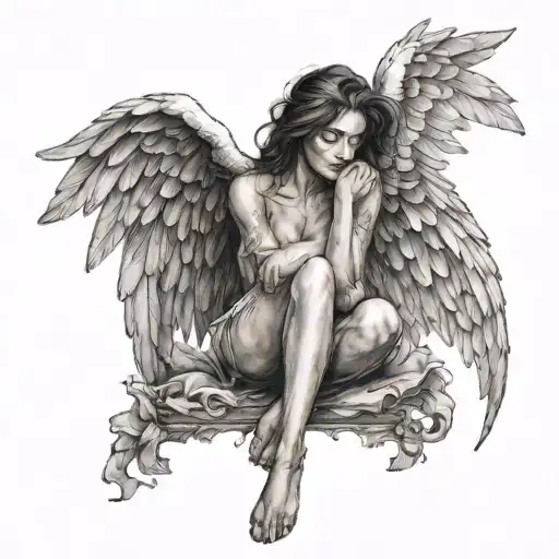 female angel, sitting with legs tucked up to chest and arms folded on legs, hair covering face. beautiful spread wings tattoo design idea
