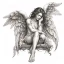 female angel, sitting with legs tucked up to chest and arms folded on legs, hair covering face. beautiful spread wings tattoo design idea