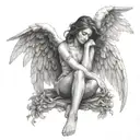 female angel, sitting with legs tucked up to chest and arms folded on legs, hair covering face. beautiful spread wings tattoo design idea