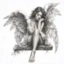 female angel, sitting with legs tucked up to chest and arms folded on legs, hair covering face. beautiful spread wings tattoo design idea