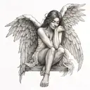 female angel, sitting with legs tucked up to chest and arms folded on legs, hair covering face. beautiful spread wings tattoo design idea