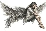 female angel, sitting with legs tucked up to chest and arms folded on legs, hair covering face. beautiful spread wings tattoo design idea